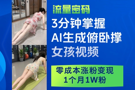 3分钟掌握AI生成俯卧撑女孩视频，零成本涨粉变现，1个月1W粉-百货大全