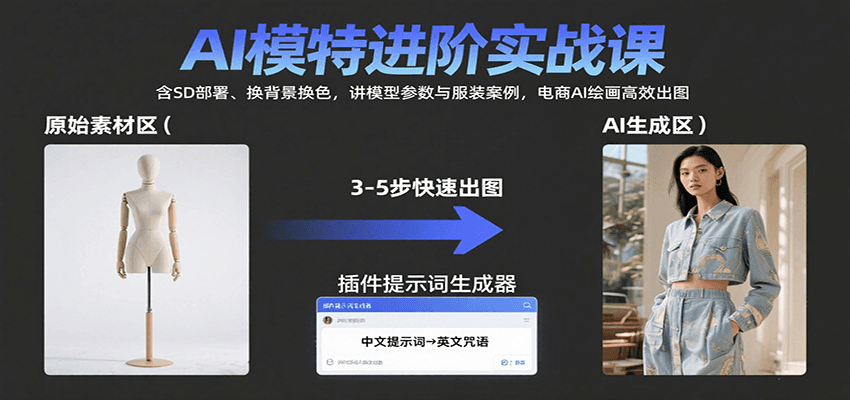 AI模特进阶实战课：含SD部署、换背景换色，讲模型参数与服装案例，电商AI绘画高效出图-百货大全