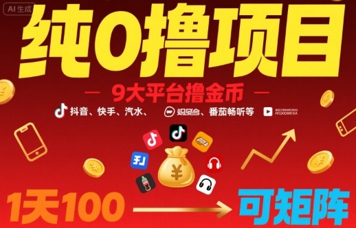 纯0撸项目，9大平台撸金币，抖音，快手，汽水，番茄畅听等，1天100，可矩阵-百货大全