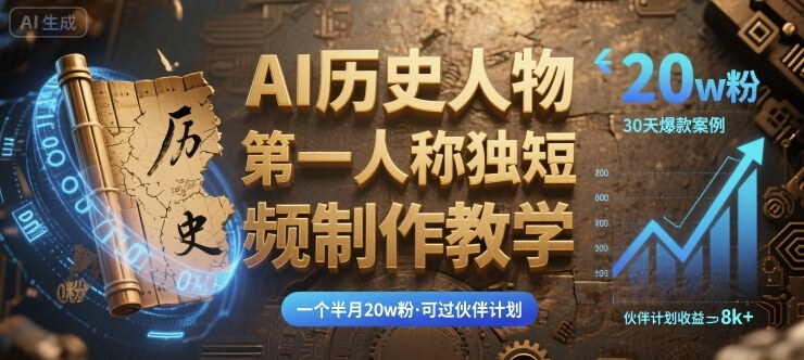 最新AI历史人物第一人称独白短视频制作教学，一个半月20w粉，可过伙伴计划-百货大全