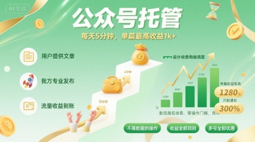【公众号托管 】我提供文章，你发布，每天5分钟，单篇最高收益1k+【揭秘】-百货大全