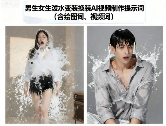 男生女生泼水变装换装AI视频制作提示词(含绘图词、视频词)-百货大全
