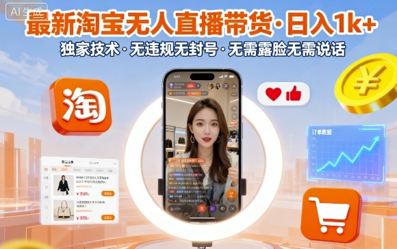 最新淘宝无人直播带货，日入1k+，独家技术，无违规无封号，无需露脸无需说话【揭秘】-百货大全