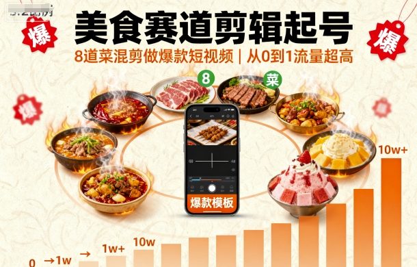 美食赛道剪辑起号，8道菜混剪做爆款短视频，从0到1，流量超高-百货大全