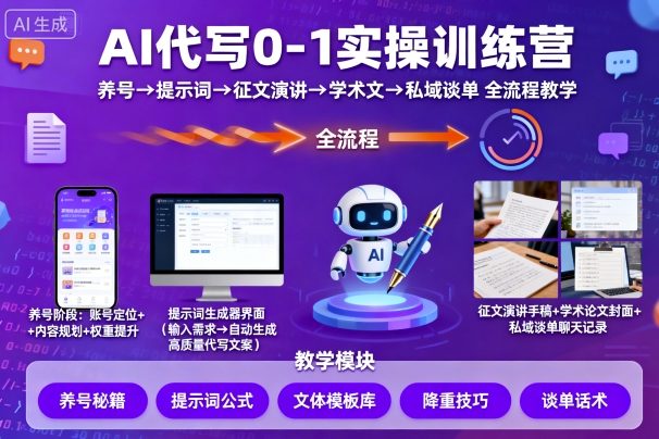 AI代写0-1实操训练营，从养号、提示词、征文演讲、学术文，到私域谈单的全流程教学-百货大全