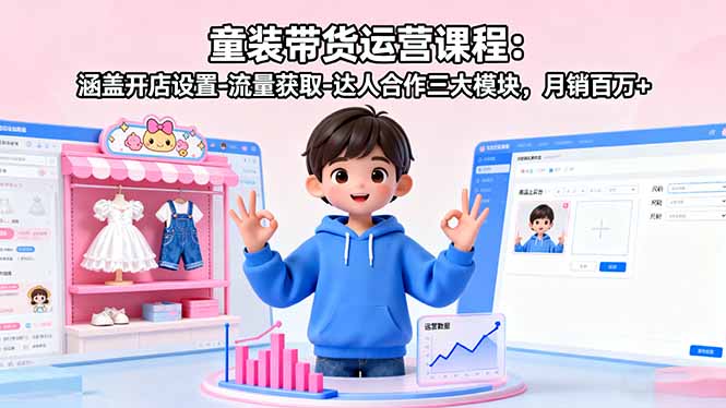 童装带货运营课程：涵盖开店设置-流量获取-达人合作三大模块，月销百万+-百货大全
