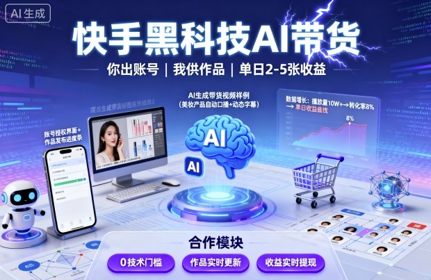 快手黑科技AI带货，你提供账号，我提供作品并发布，单日2-5张【揭秘】-百货大全