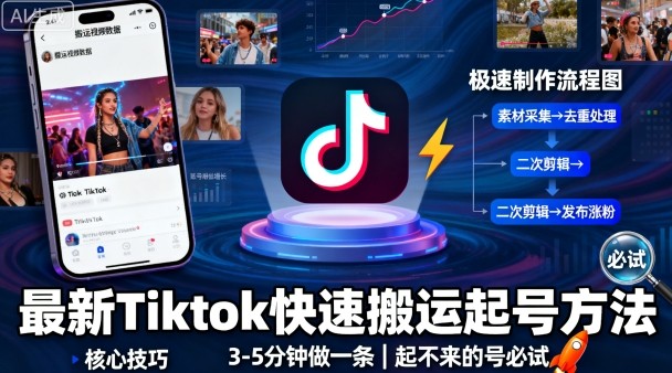 最新Tiktok快速搬运快速起号方法，3-5分钟做一条，起不来的号可以试试-百货大全