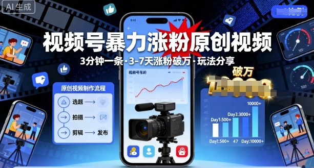 视频号暴力涨粉原创视频，3分钟一条原创视频，3-7天涨粉破万，玩法分享给你-百货大全