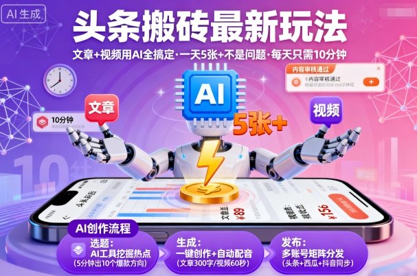 头条搬砖最新玩法，文章+视频用AI全搞定，一天5张+不是问题，每天只需10分钟-百货大全