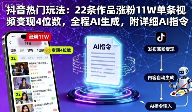 抖音热门玩法：22条作品涨粉11W单条视频变现4位数，全程AI生成，附详细AI指令-百货大全