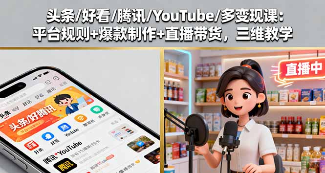 头条/好看/腾讯/YouTube/多变现课：平台规则+爆款制作+直播带货，三维教学-百货大全