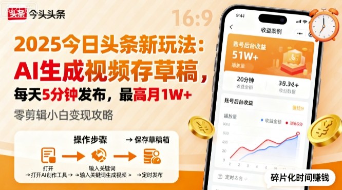2025年今日头条躺賺新玩法，AI生成视频存草稿，每天5分钟发布，最高月1W+【揭秘】-百货大全
