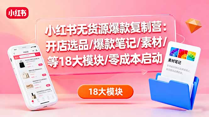 小红书无货源爆款复制营：开店选品/爆款笔记/素材/等18大模块/零成本启动-百货大全