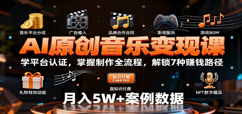 AI原创音乐变现课：学平台认证，掌握制作全流程，解锁7种赚钱路径-百货大全