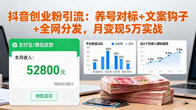 抖音创业粉引流：养号对标+文案钩子+全网分发，月变现5万实战-百货大全