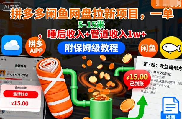 拼多多闲鱼网盘拉新项目，一单5-15米，睡后收入+管道收入1w+(附保姆级教程)-百货大全