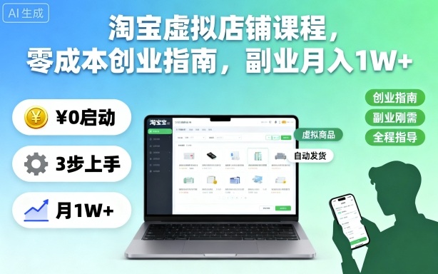 淘宝虚拟店铺课程，零成本创业指南，副业月入1W+-百货大全
