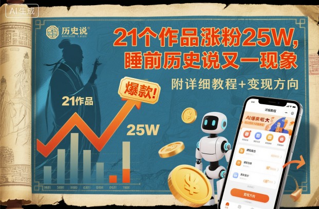 21个作品涨粉25W，睡前历史说又一现象级AI内容大爆款来啦，附详细教程+变现方向-百货大全
