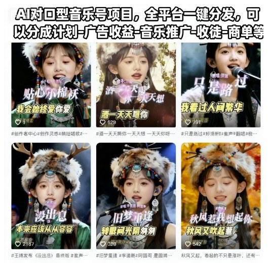 AI对口型音乐号项目，全平台一键分发，可以分成计划-广告收益-音乐推广-收徒-商单等-百货大全