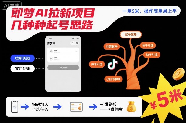 即梦AI拉新项目几种起号思路，一单5米，操作简单易上手-百货大全