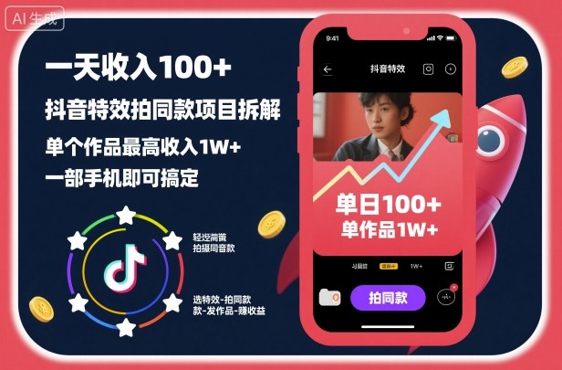一天收入100+，抖音特效拍同款项目拆解，单个作品最高收入1W+，一部手机即可搞定-百货大全