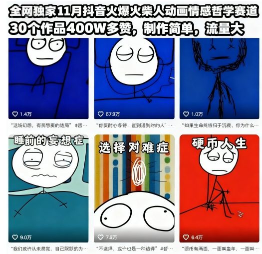 全网独家11月抖音火爆火柴人动画情感哲学赛道，30个作品400W多赞，制作简单，流量大【教学+素材】-百货大全