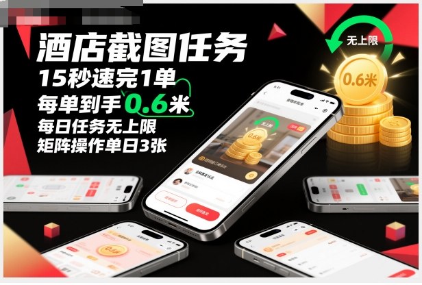 酒店截图任务，15秒速完1单，每单到手0.6米，每日任务无上限，全网首发玩法，矩阵操作单日3张【揭秘】-百货大全