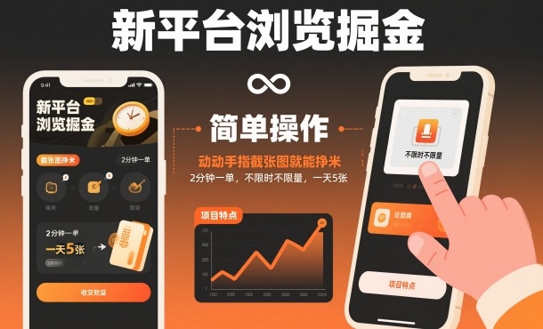 新平台浏览掘金，动动手指截张图就能挣米，2分钟一单，不限时不限量，一天5张【揭秘】-百货大全