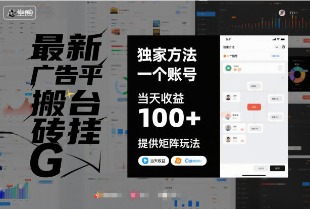 最新广告平台搬砖挂G，独家方法，一个账号，当天收益100+，提供矩阵玩法【揭秘】-百货大全