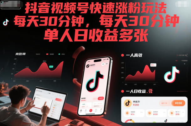 抖音视频号快速涨粉玩法，每天30分钟，单人日收益多张-百货大全