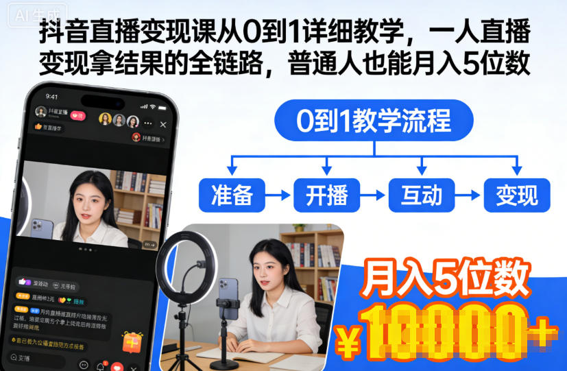 抖音直播变现课从0到1详细教学，一人直播变现拿结果的全链路，普通人也能月入5位数-百货大全