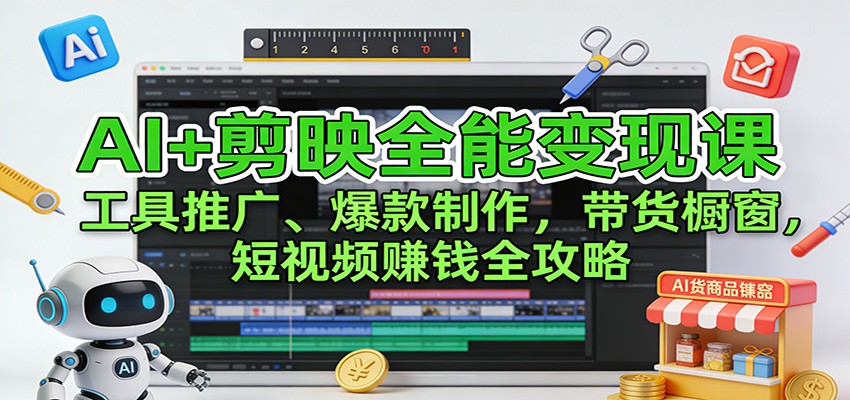 AI+剪映全能变现课：工具推广、爆款制作、带货橱窗，短视频赚钱全攻略-百货大全