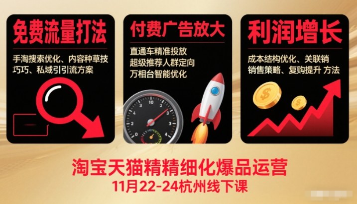 淘宝天猫精细化爆品运营11月22-24杭州线下课，免费流量打法+付费广告放大+利润增长(音频+文档)-百货大全
