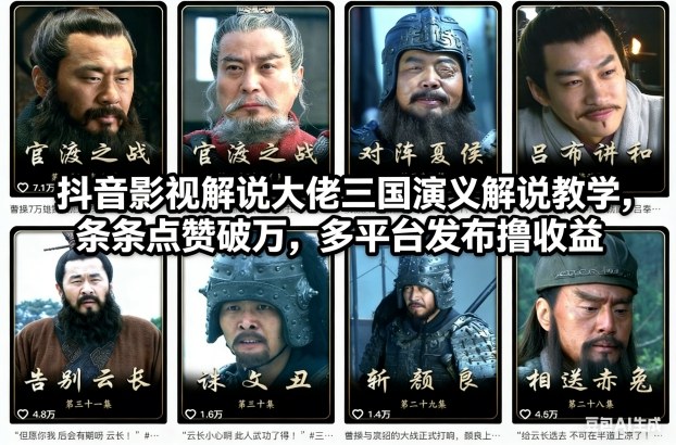 抖音影视解说大佬三国演义解说教学，条条点赞破万，多平台发布撸收益-百货大全