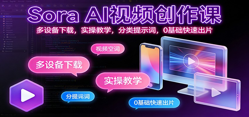 Sora AI视频创作课：多设备下载，实操教学，分类提示词，0基础快速出片-百货大全