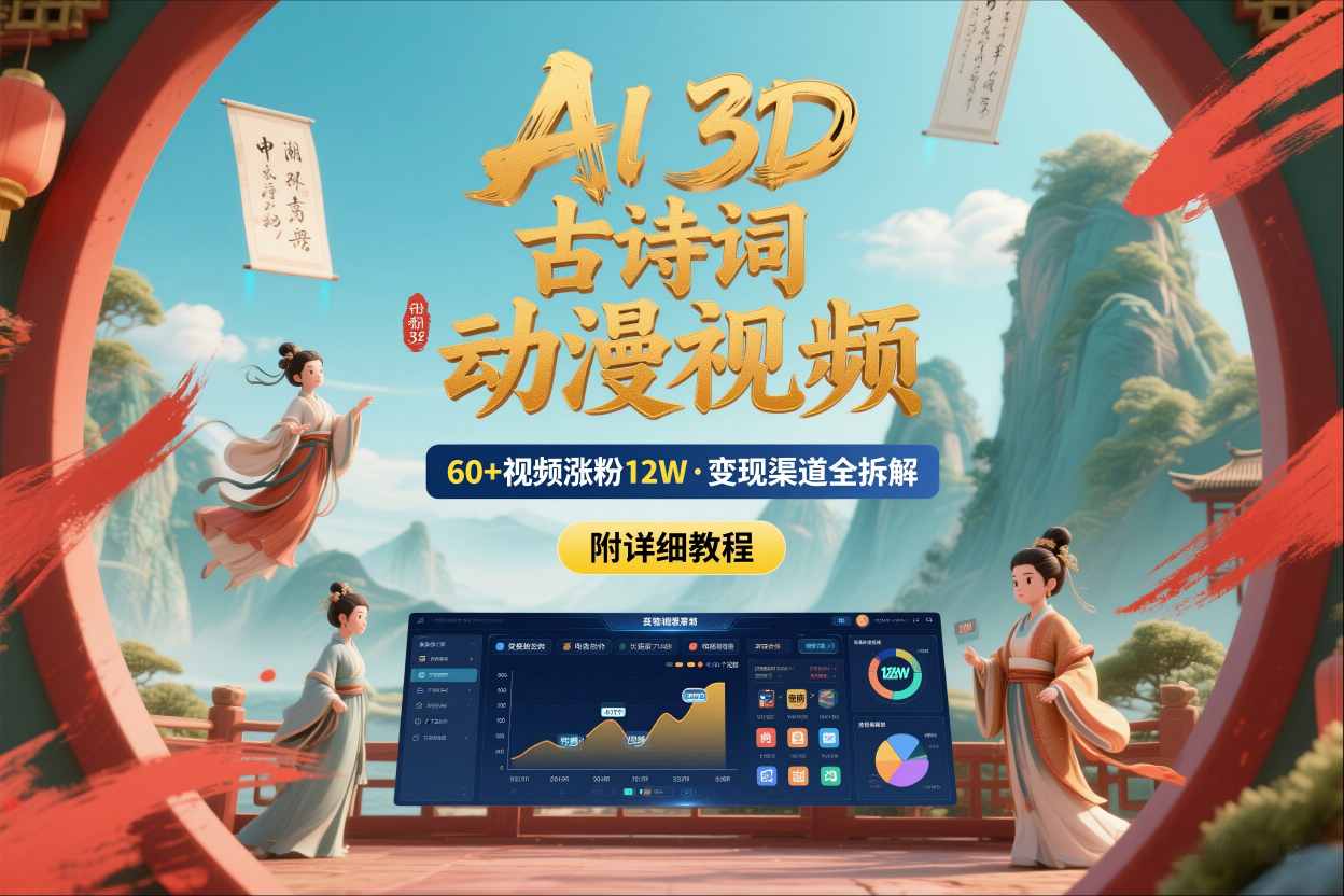 AI制作3D古诗词动漫视频，60多个视频涨粉12W，多个变现渠道拆解【附详细教程】-百货大全