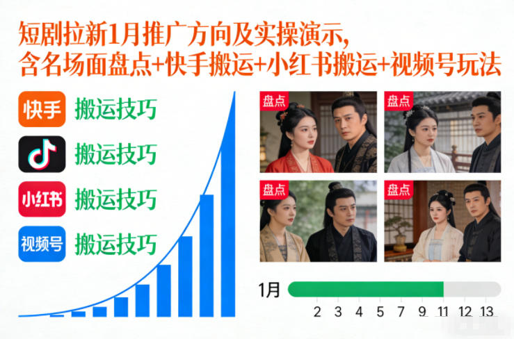 短剧拉新1月推广方向及实操演示，含名场面盘点+快手搬运+小红书搬运+视频号玩法-百货大全