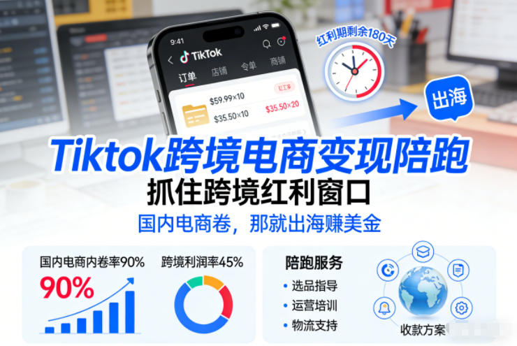 Tiktok跨境电商变现陪跑，抓住跨境红利窗口，国内电商卷，那就出海賺美金-百货大全