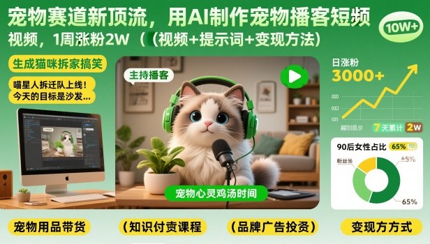 宠物赛道新顶流，用AI制作宠物播客短视频，1周涨粉2W(视频+提示词+变现方法)-百货大全