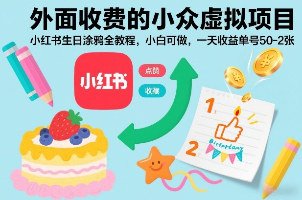 外面收费的小众虚拟项目，小红书生日涂鸦全教程，小白可做，一天收益单号50-2张-百货大全