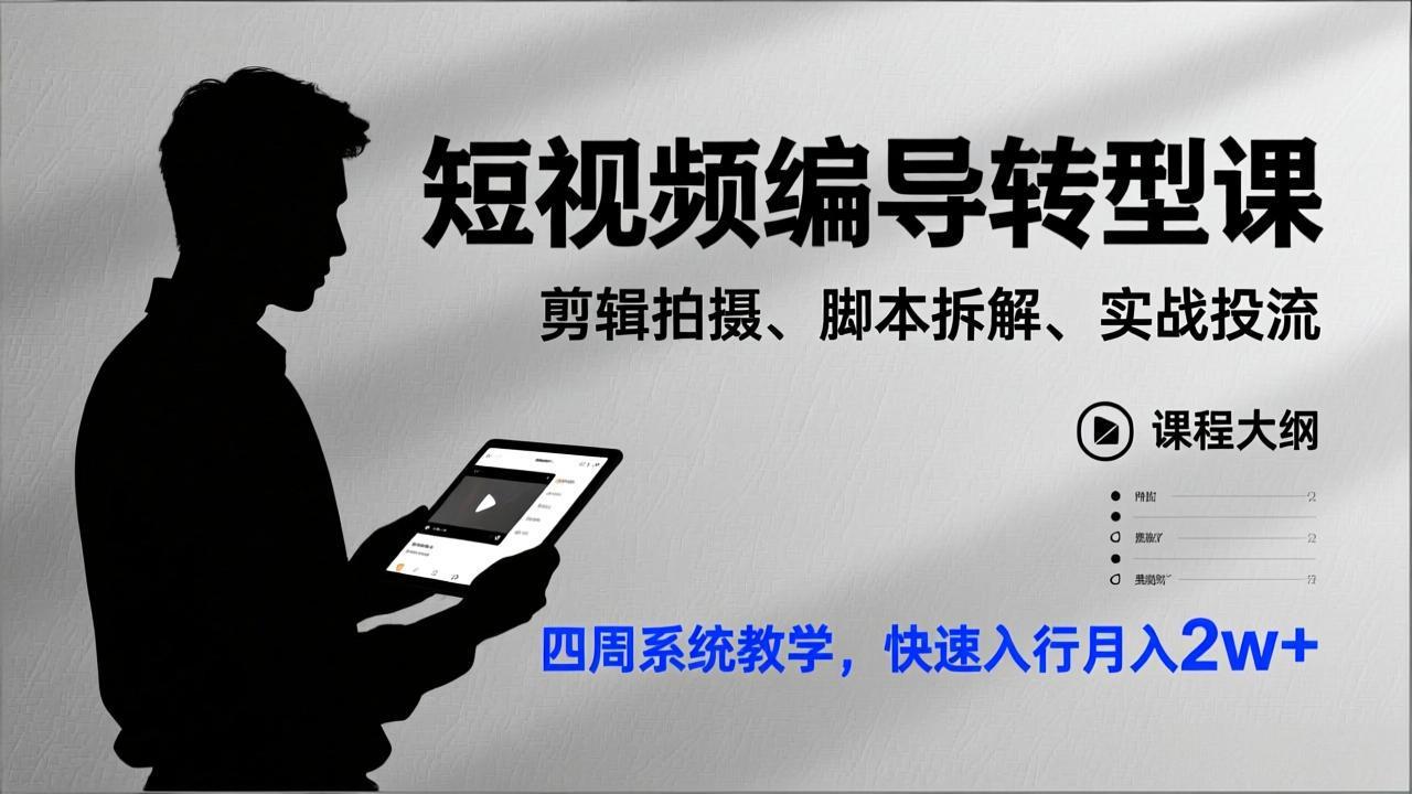 短视频编导转型课，剪辑拍摄、脚本拆解、实战投流，四周系统教学，快速入行月入2w+-百货大全