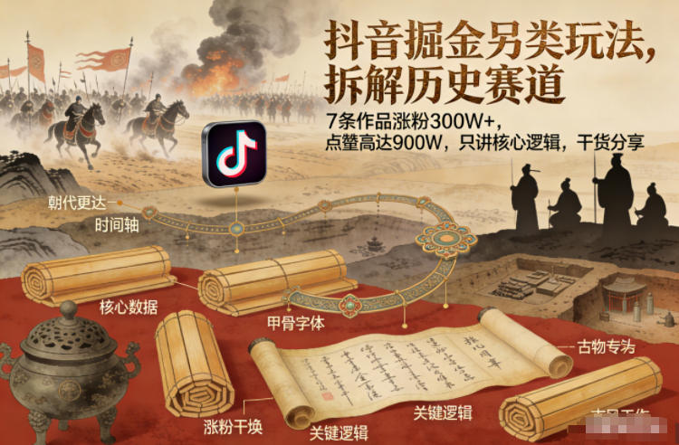 抖音掘金另类玩法，拆解历史赛道，7条作品涨粉300W+，点赞量高达900W，只讲核心逻辑，干货分享-百货大全