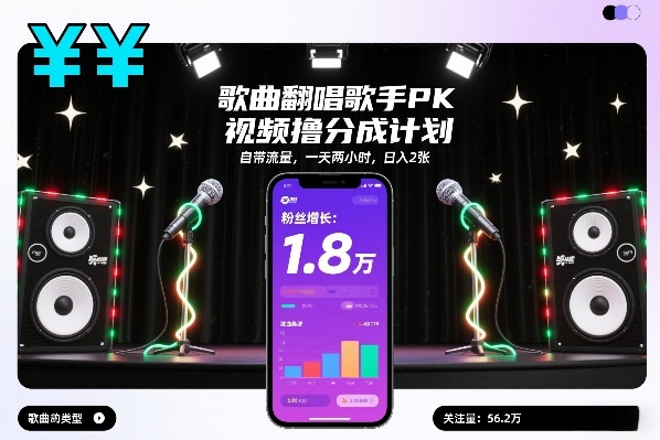 歌曲翻唱歌手PK视频撸分成计划，自带流量，一天两小时，日入2张-百货大全