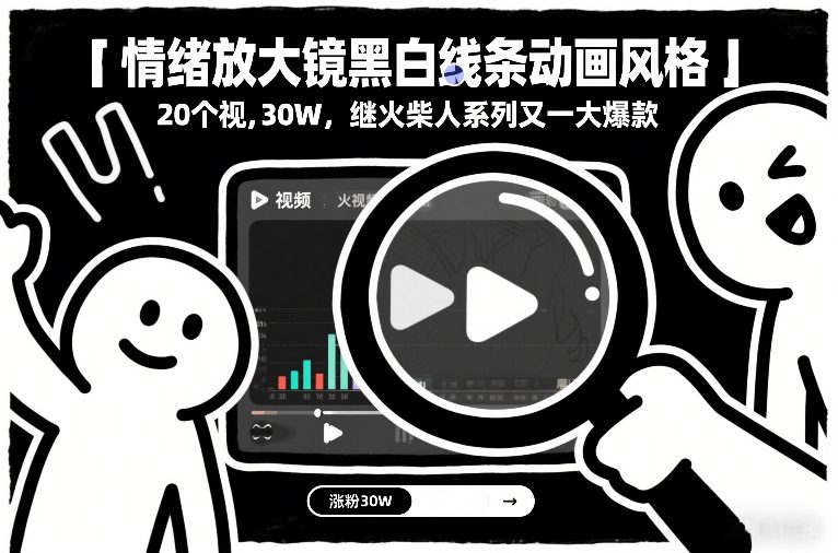情绪放大镜黑白线条动画风格，20个视频，涨粉30W，继火柴人系列又一大爆款-百货大全
