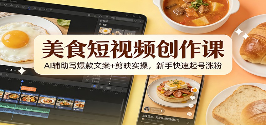 美食短视频创作课：AI辅助写爆款文案+剪映实操，新手快速起号涨粉-百货大全