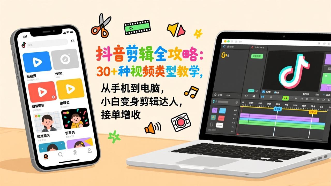 抖音剪辑全攻略：30+种视频类型教学，从手机到电脑，小白变身剪辑达人，接单增收-百货大全