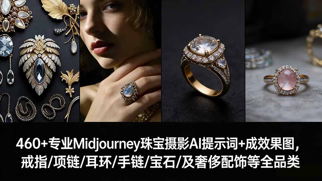 460+专业Midjourney珠宝摄影AI提示词+成效果图，戒指/项链/耳环/手链/宝石/及奢侈配饰等全品类-百货大全