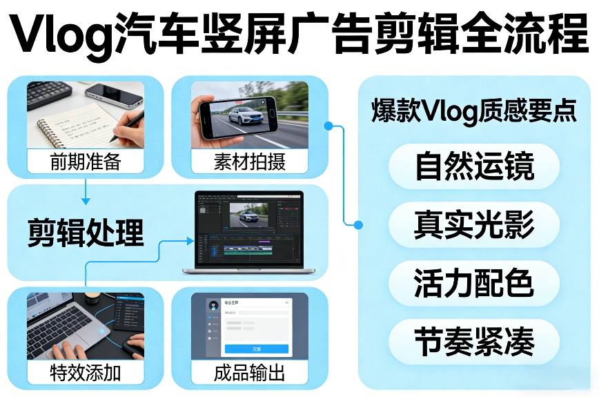 Vlog感觉汽车竖屏广告剪辑脚本全流程，拿捏爆款Vlog质感-百货大全