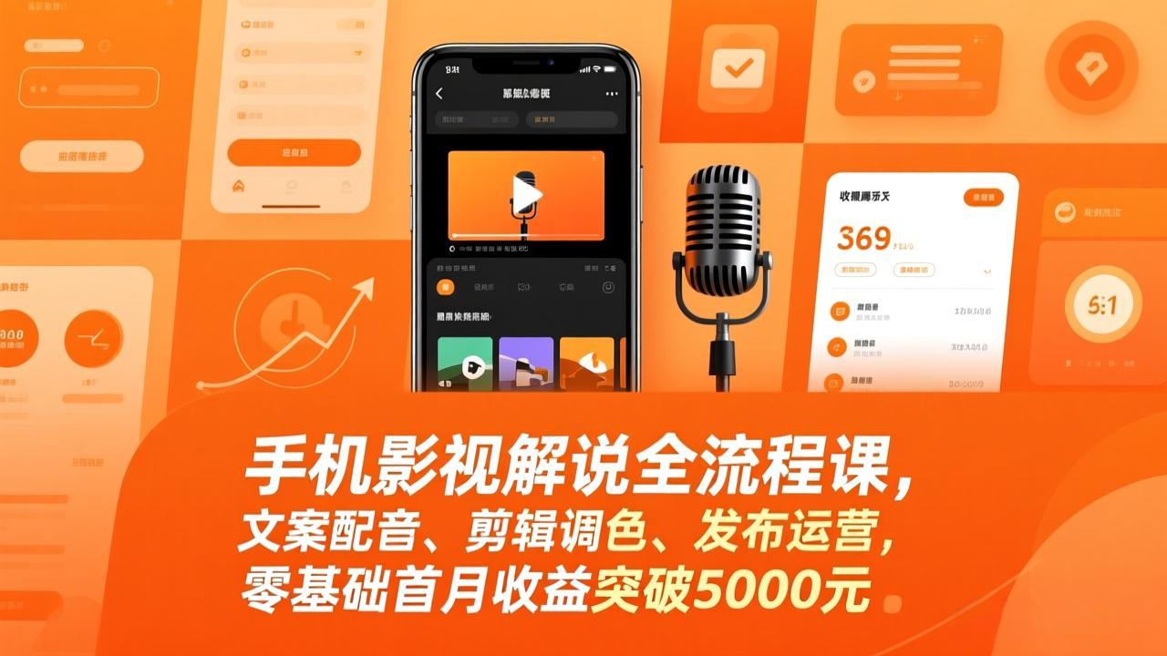 手机影视解说全流程课，文案配音、剪辑调色、发布运营，零基础首月收益突破5000元-百货大全